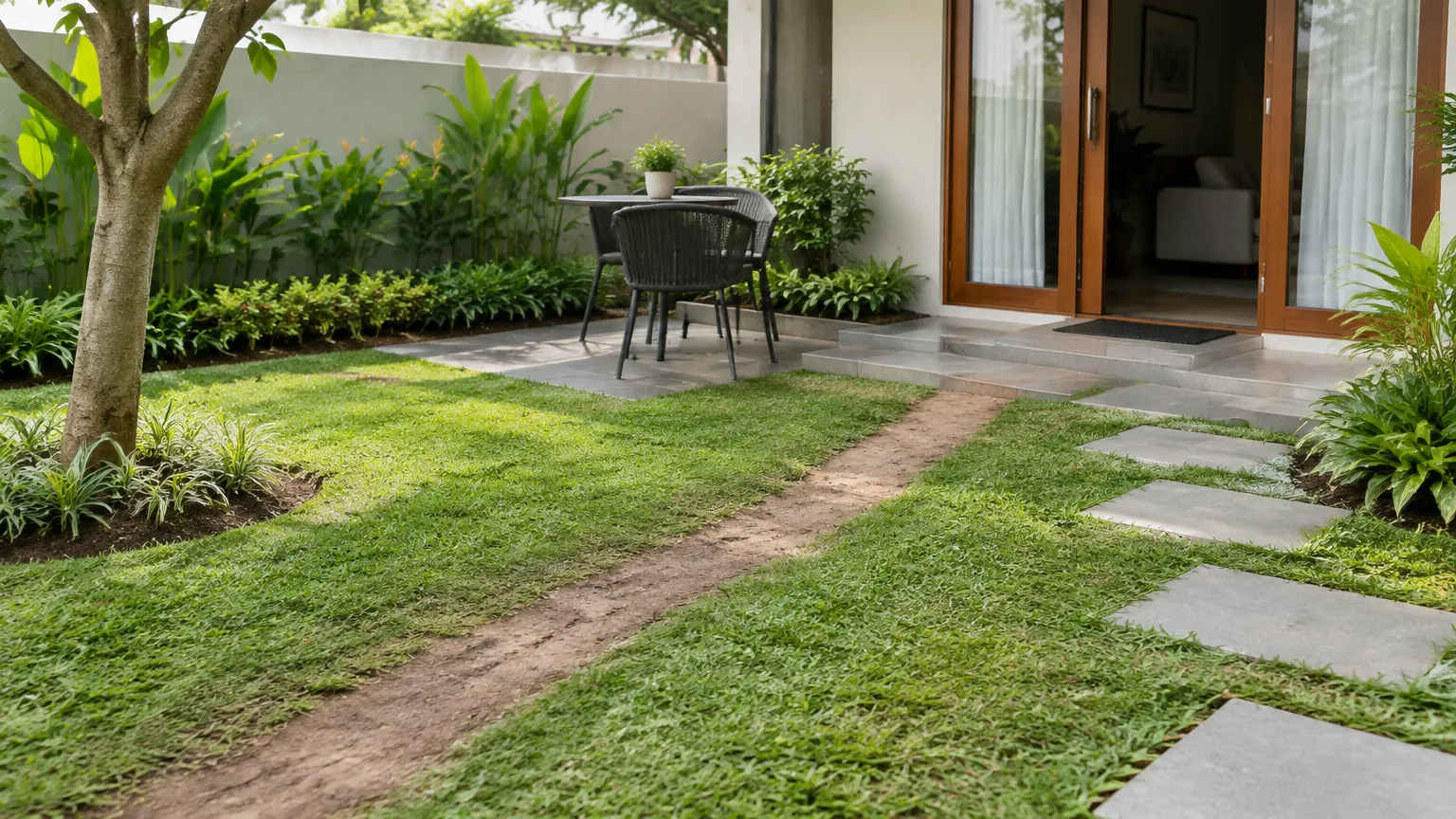 Taman rumah dengan jalur pijakan dan area duduk