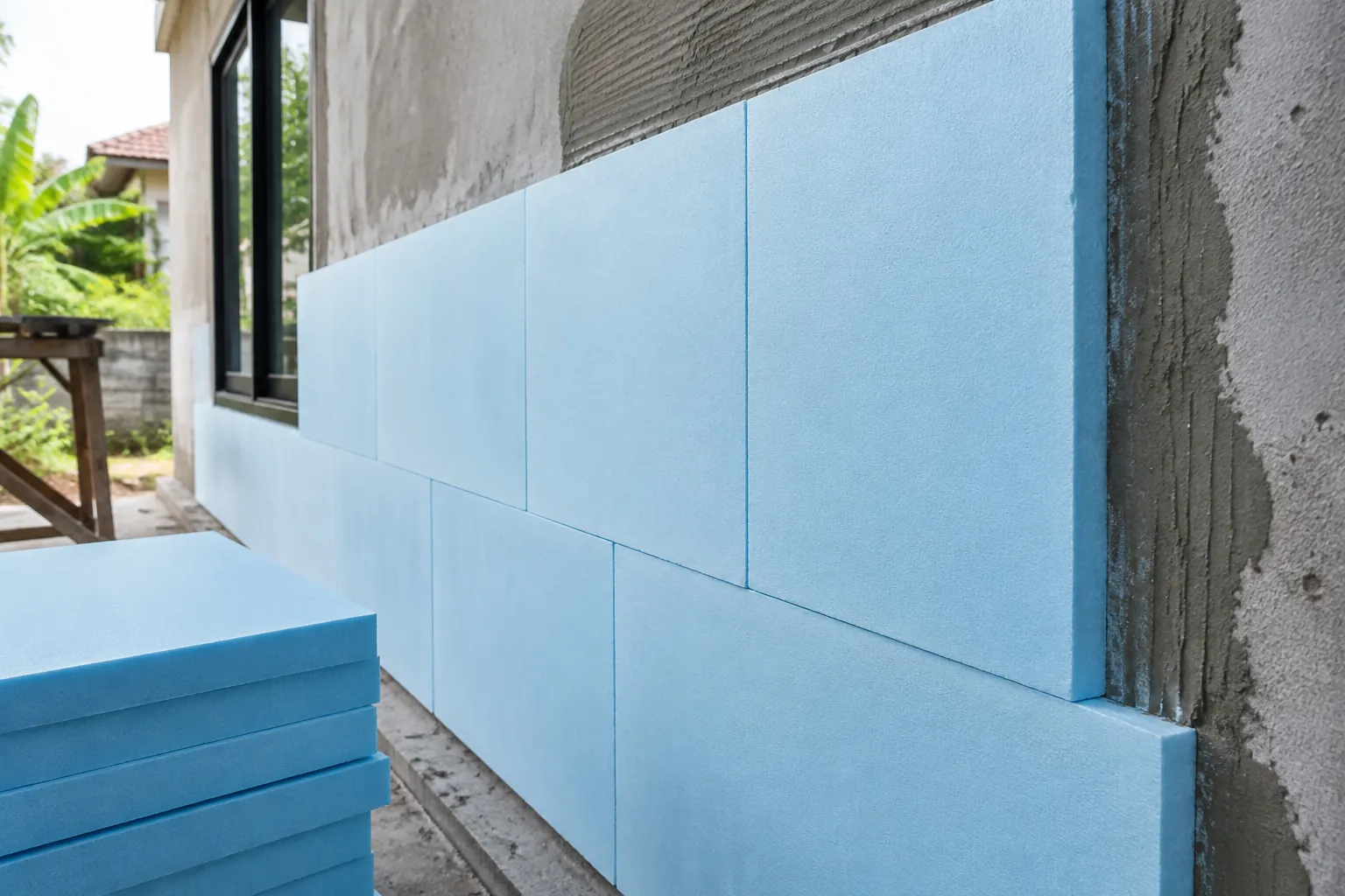 Papan insulasi biru dipasang pada dinding luar yang belum selesai