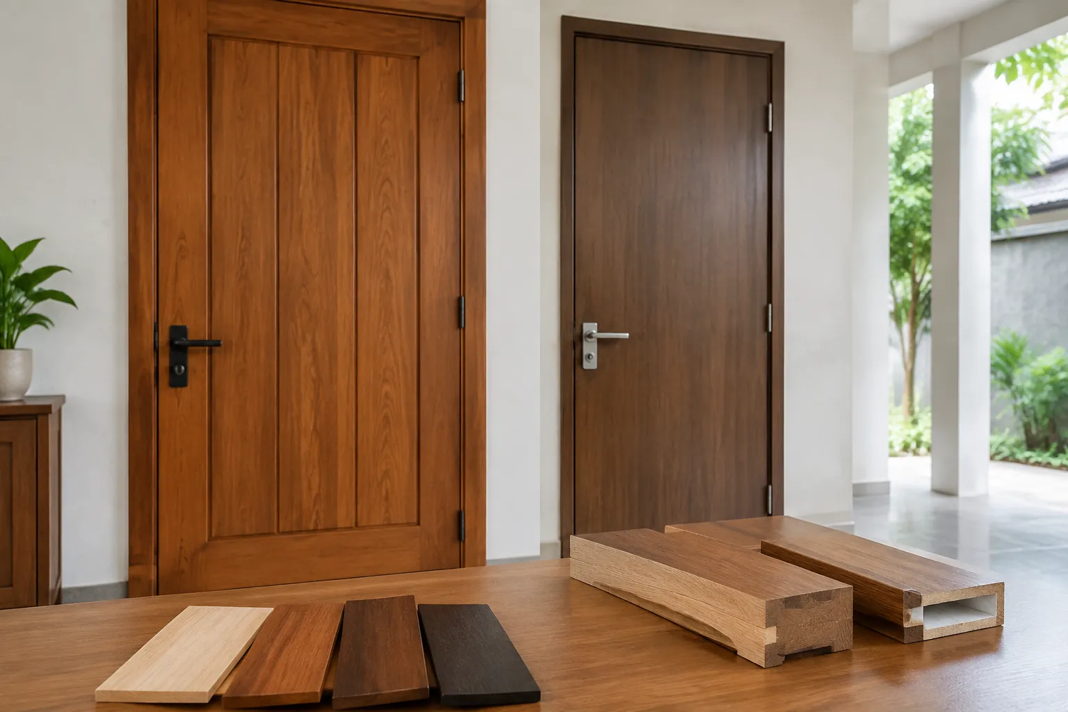 Dua pintu kayu dengan sampel finishing pada lantai