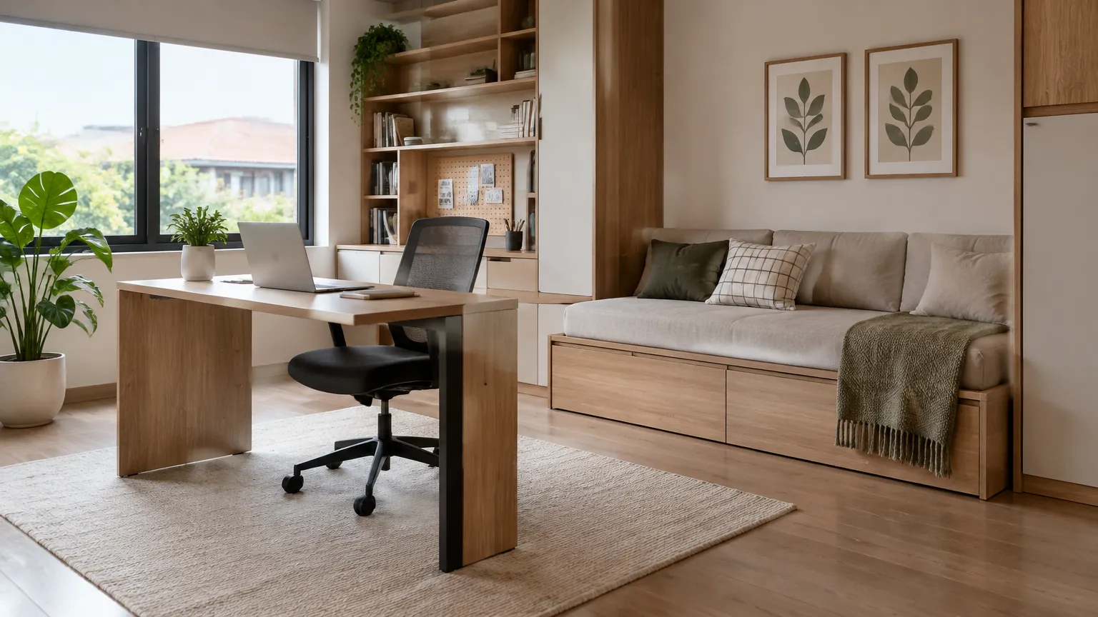 Ruang kerja dengan meja dan sofa yang dapat dipakai beristirahat