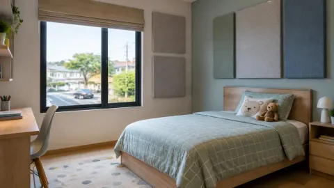 Kamar anak dengan panel dinding dan jendela dekat tempat tidur