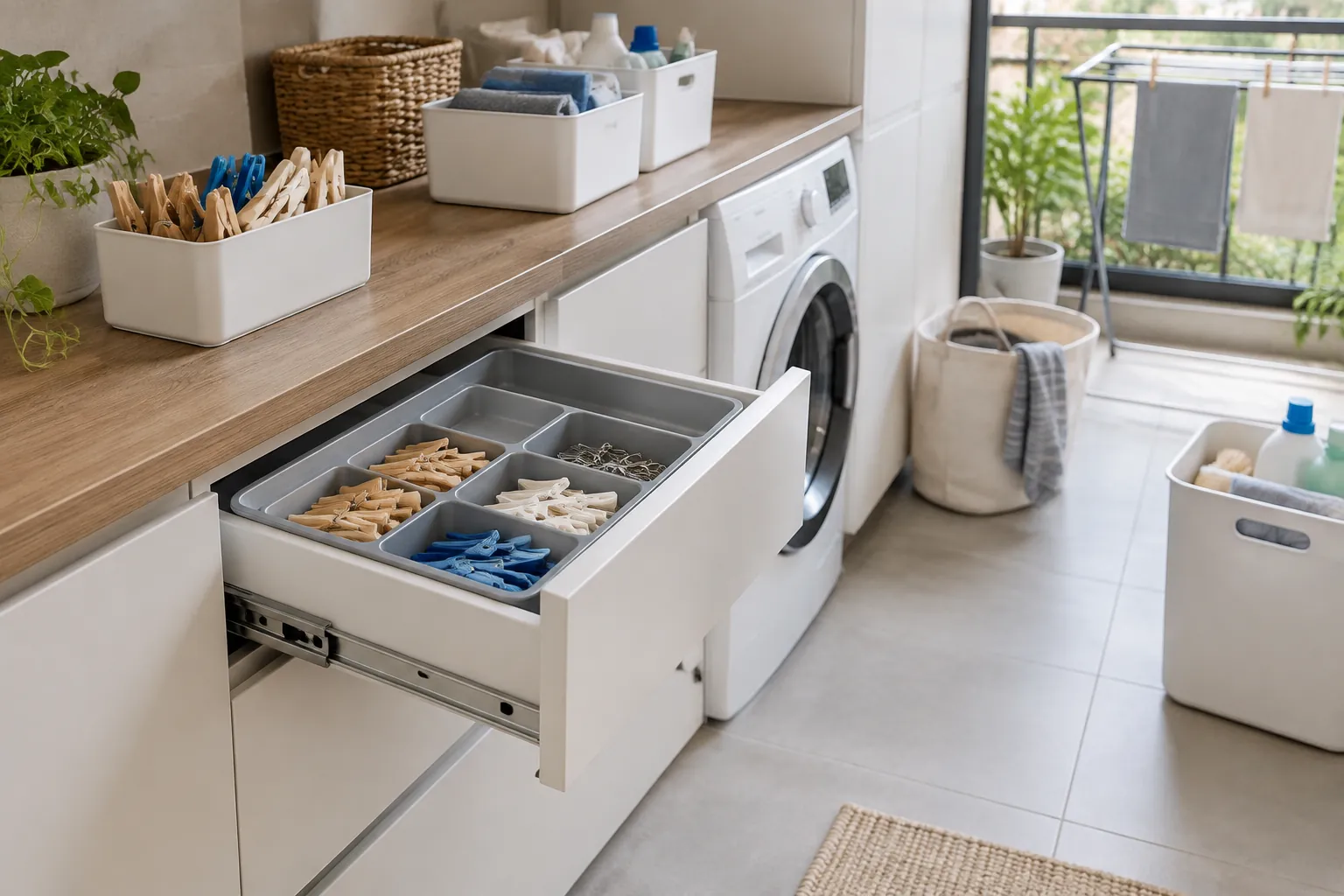 Laci penyimpanan ruang cuci dibuka untuk memperlihatkan sekat di dalamnya