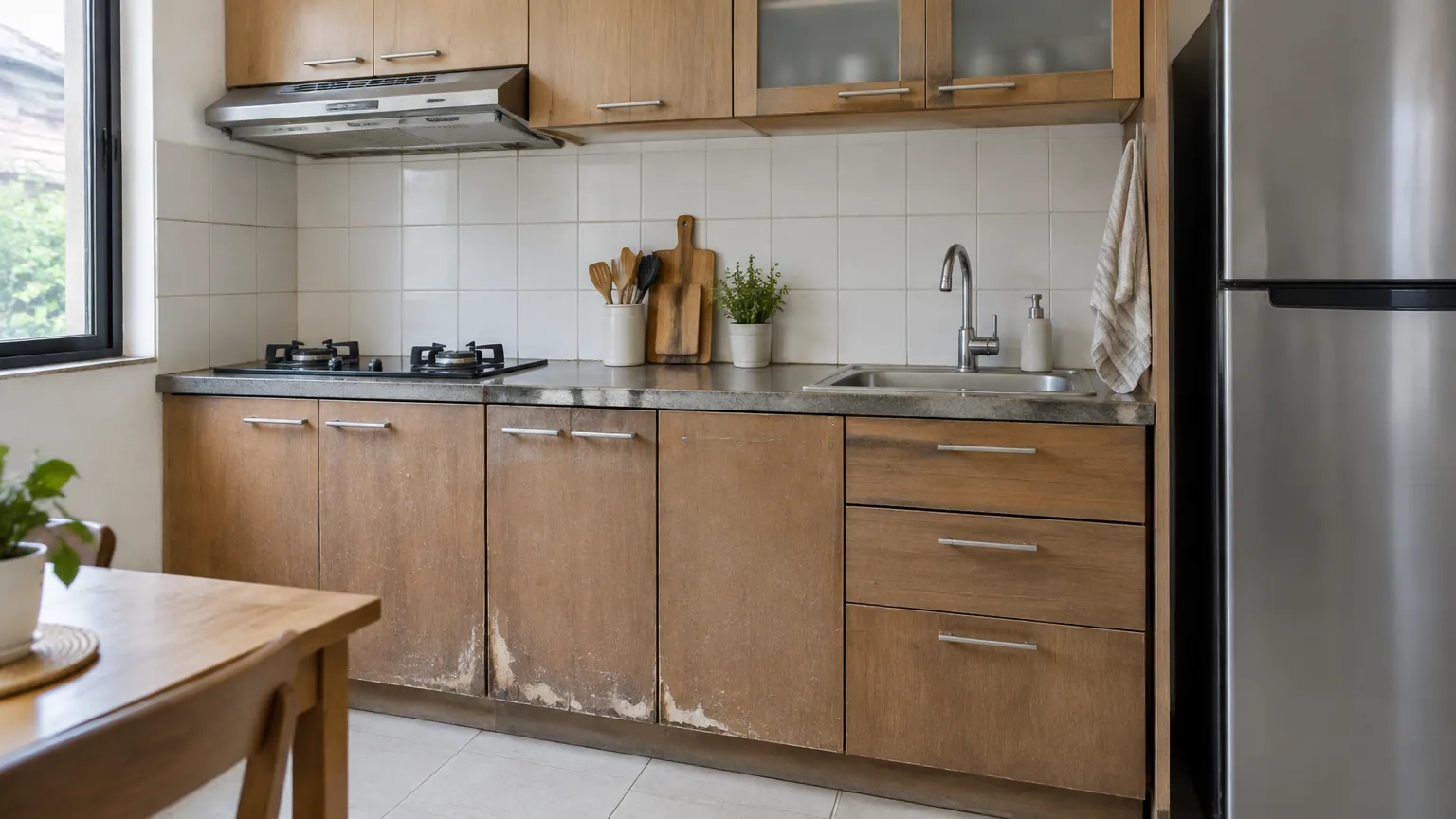 Kabinet kitchen set lama dengan permukaan yang tampak aus