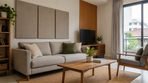Ruang tamu dengan sofa di depan panel dinding berlapis