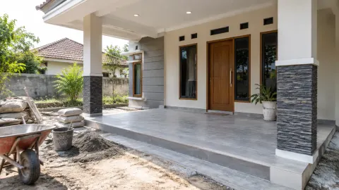 Pekerjaan teras rumah dengan bahan bangunan di halaman depan