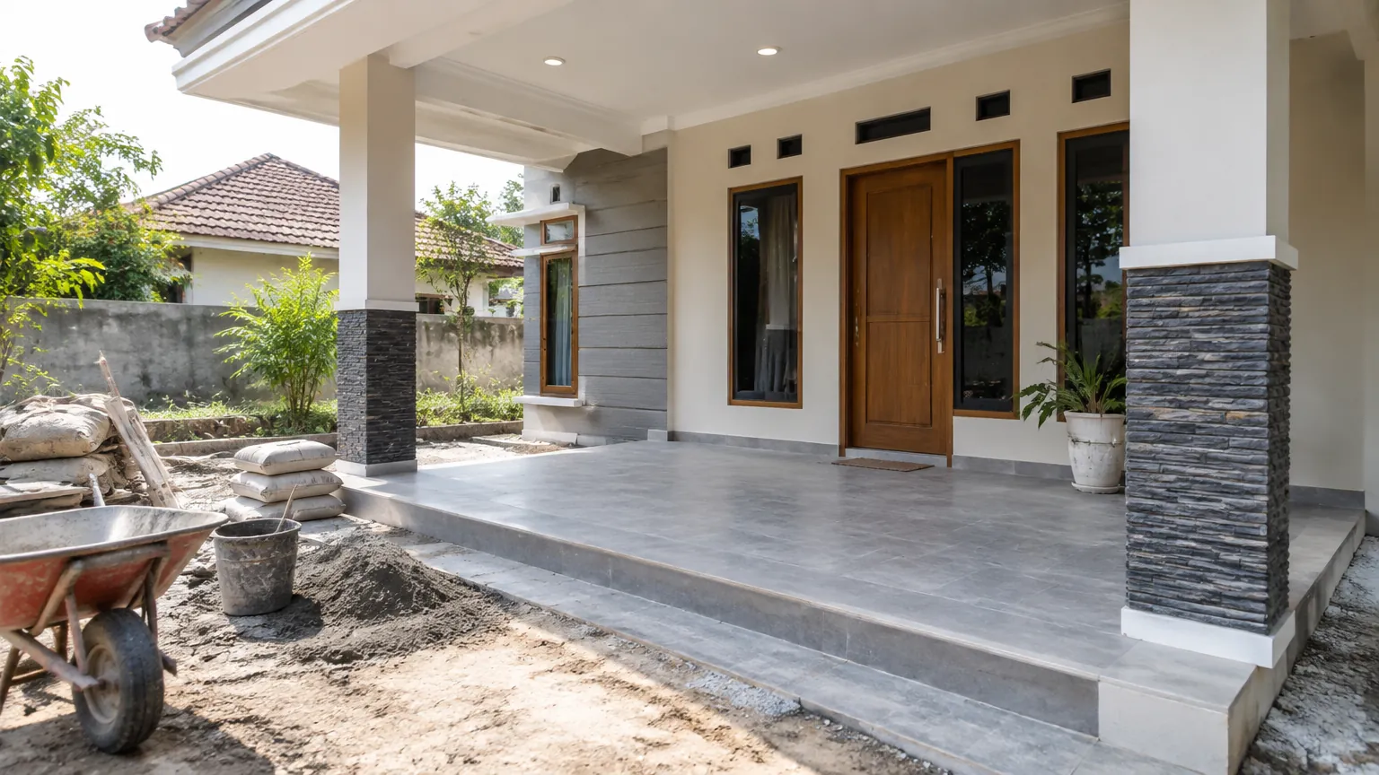 Pekerjaan teras rumah dengan bahan bangunan di halaman depan