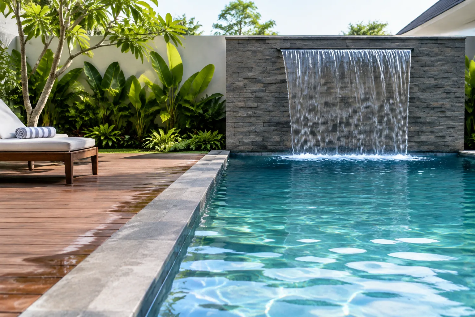 Dinding air terjun pada sisi kolam rumah
