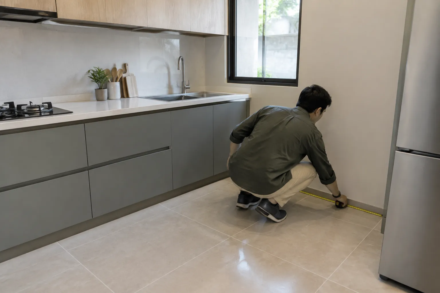 Pekerja mengukur ruang lantai di depan kitchen set