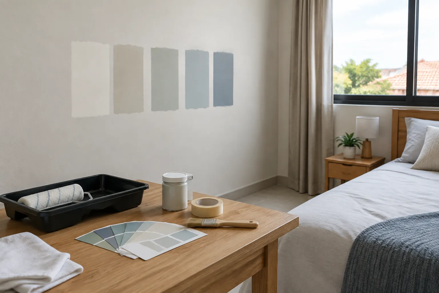 Beberapa sampel warna ditempel pada dinding kamar