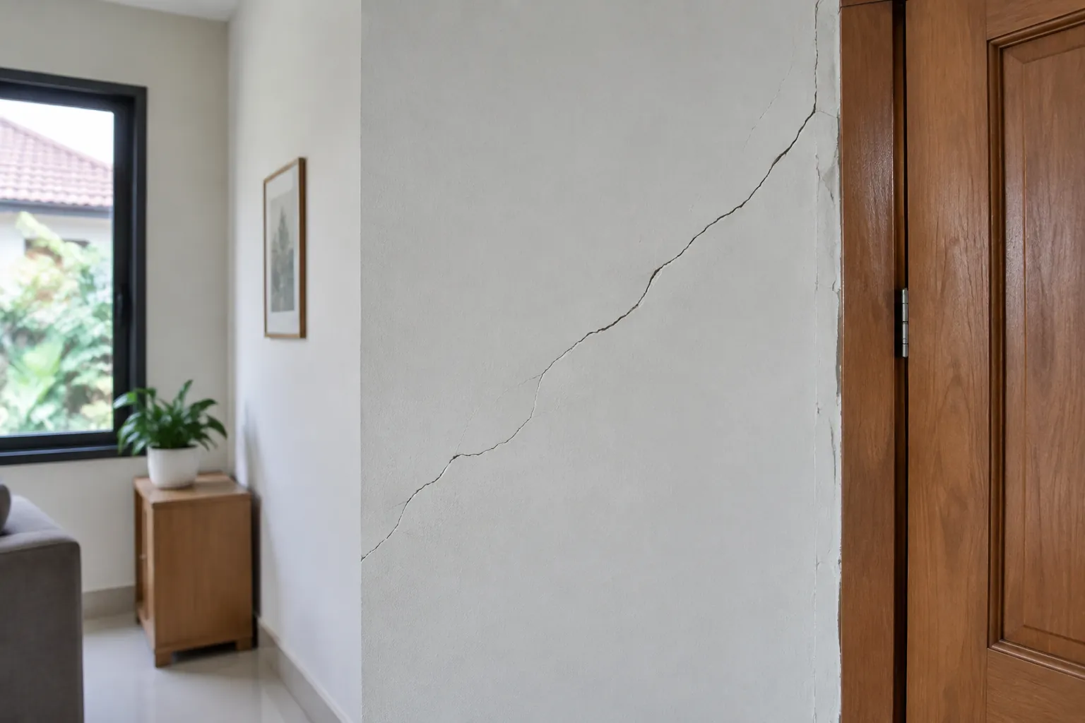 Retak memanjang di dinding dekat pintu kayu