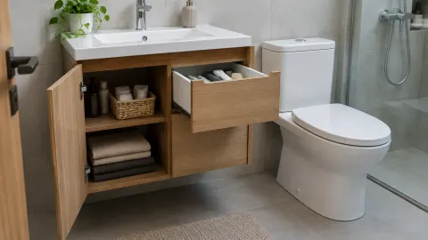 Kabinet bawah wastafel dengan pintu dan laci terbuka