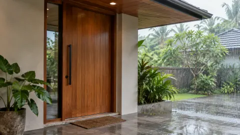 Pintu kayu luar rumah dan lantai teras yang basah karena hujan