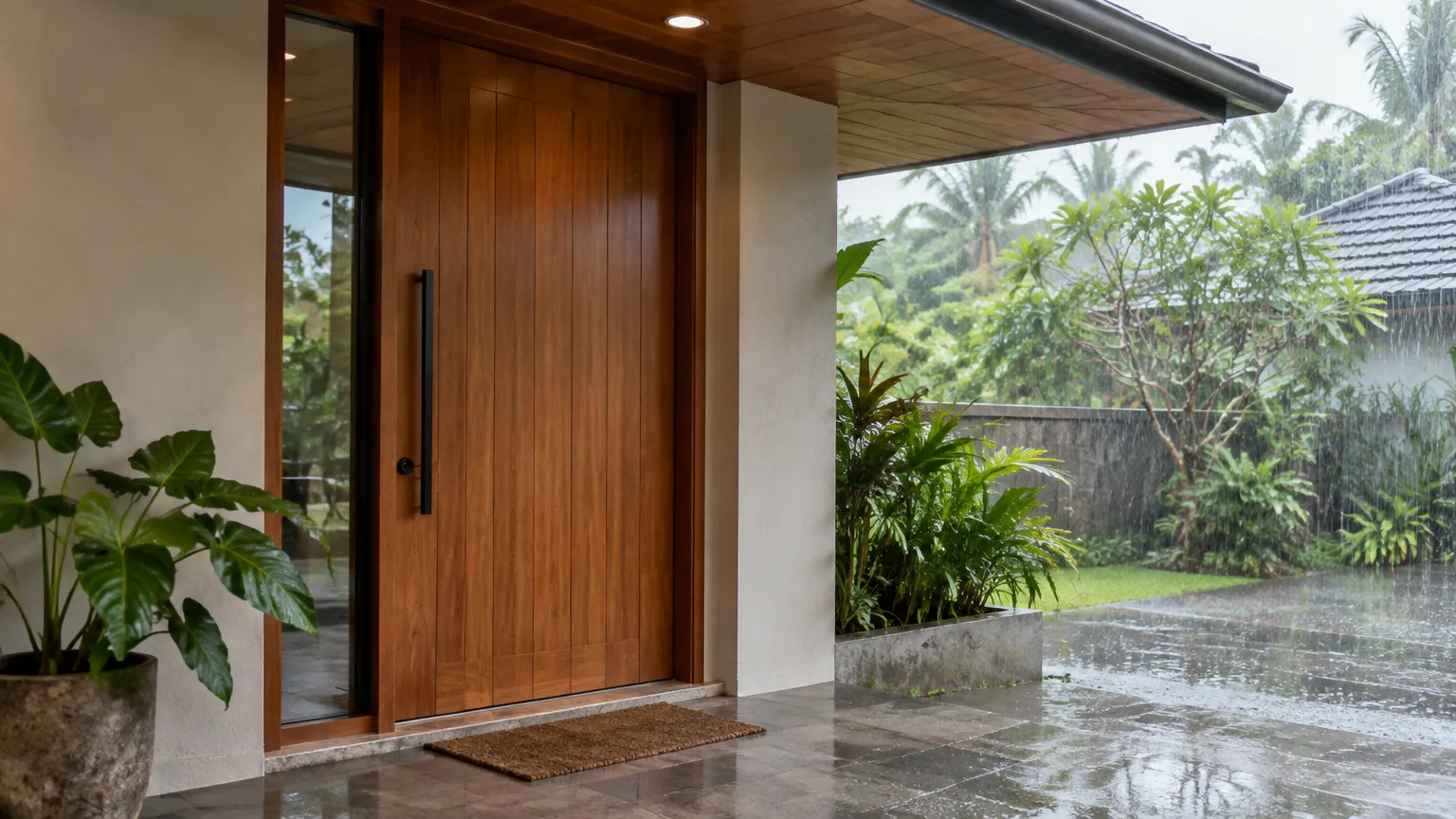 Pintu kayu luar rumah dan lantai teras yang basah karena hujan