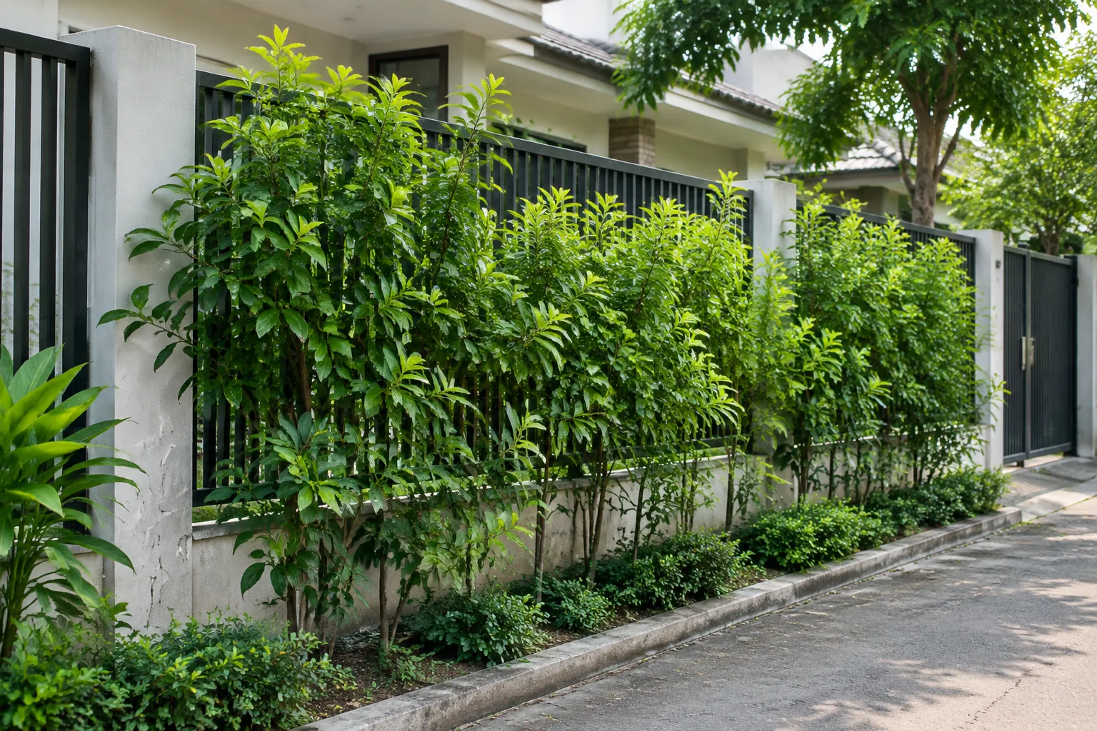 Deretan tanaman pagar tinggi membatasi sisi halaman rumah