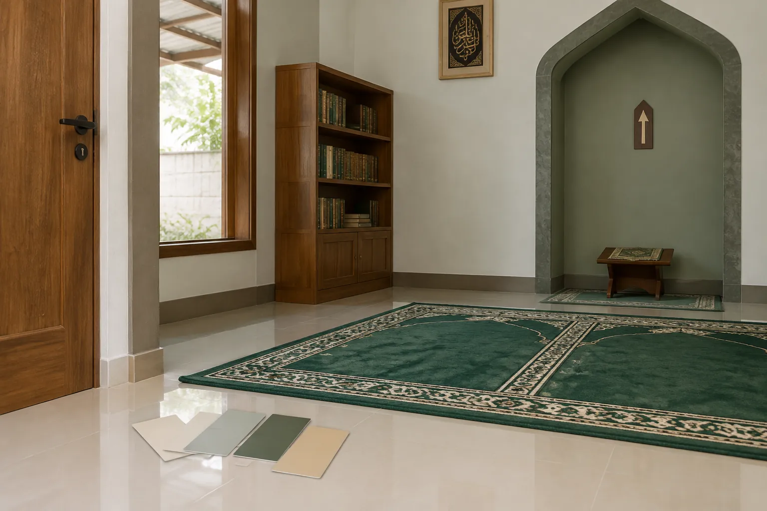 Karpet hijau dan contoh warna di lantai mushola