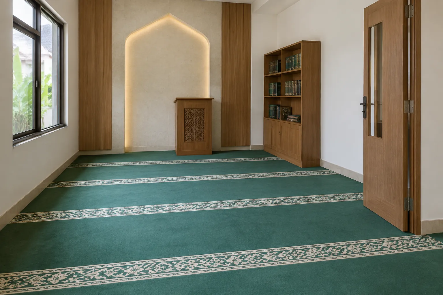 Ruang mushola dengan karpet dan rak kayu