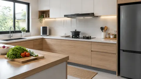 Perangkat kecil berada di meja dapur dengan kabinet dan kompor