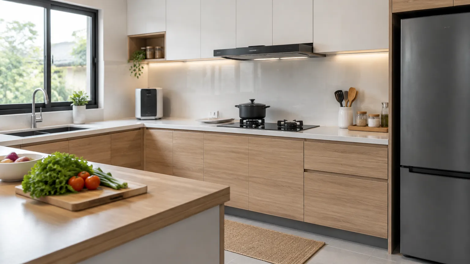 Perangkat kecil berada di meja dapur dengan kabinet dan kompor