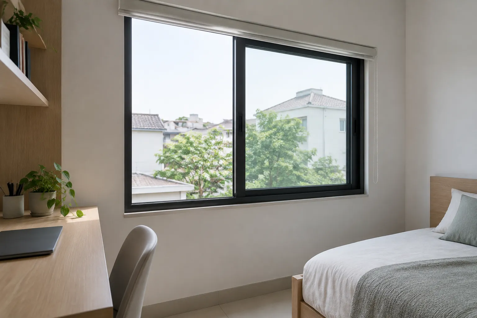 Jendela kamar kecil di dekat tempat tidur dan meja kerja