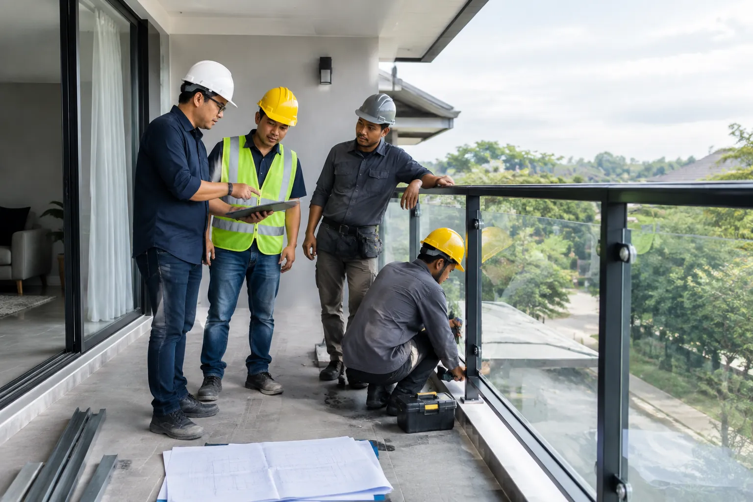 Tim pekerjaan memeriksa area railing balkon bersama saat pemasangan
