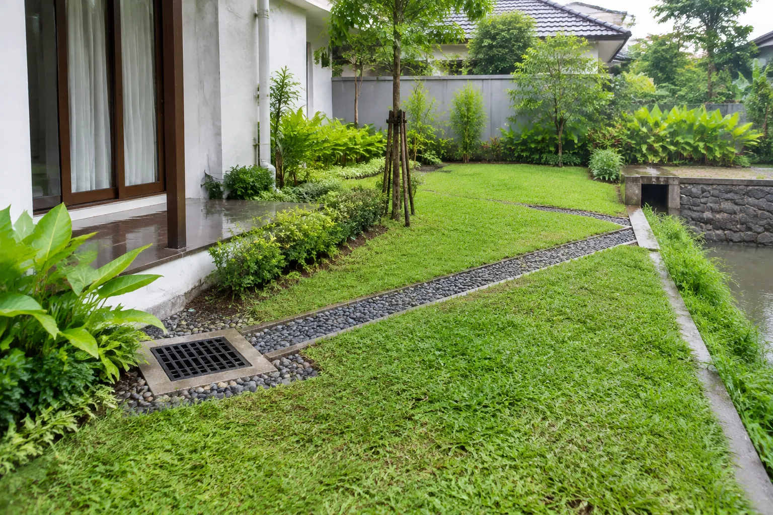 Jalur taman dan kisi drainase terlihat di sisi halaman rumah