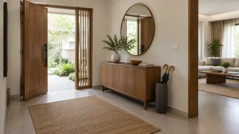 Foyer dengan pintu kaca, cermin, dan kabinet rendah