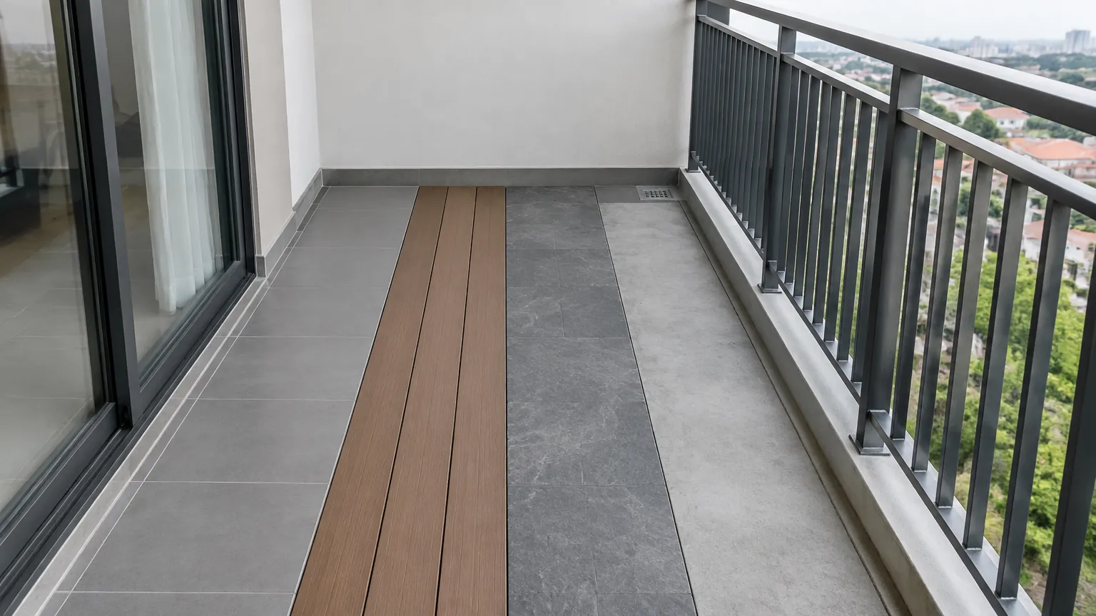 Beberapa pilihan lantai disusun pada balkon rumah