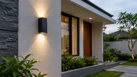 Lampu dinding menerangi jalur dekat pintu fasad