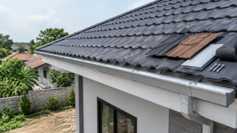 Atap genteng dengan contoh material di dekat talang