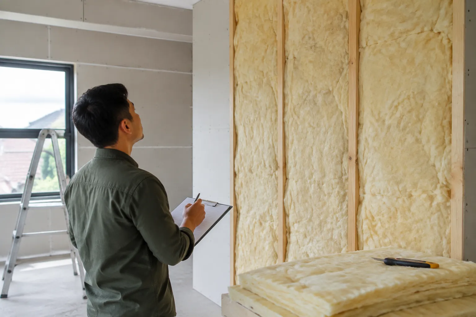 Pemeriksa meninjau dinding terbuka dengan bahan insulasi