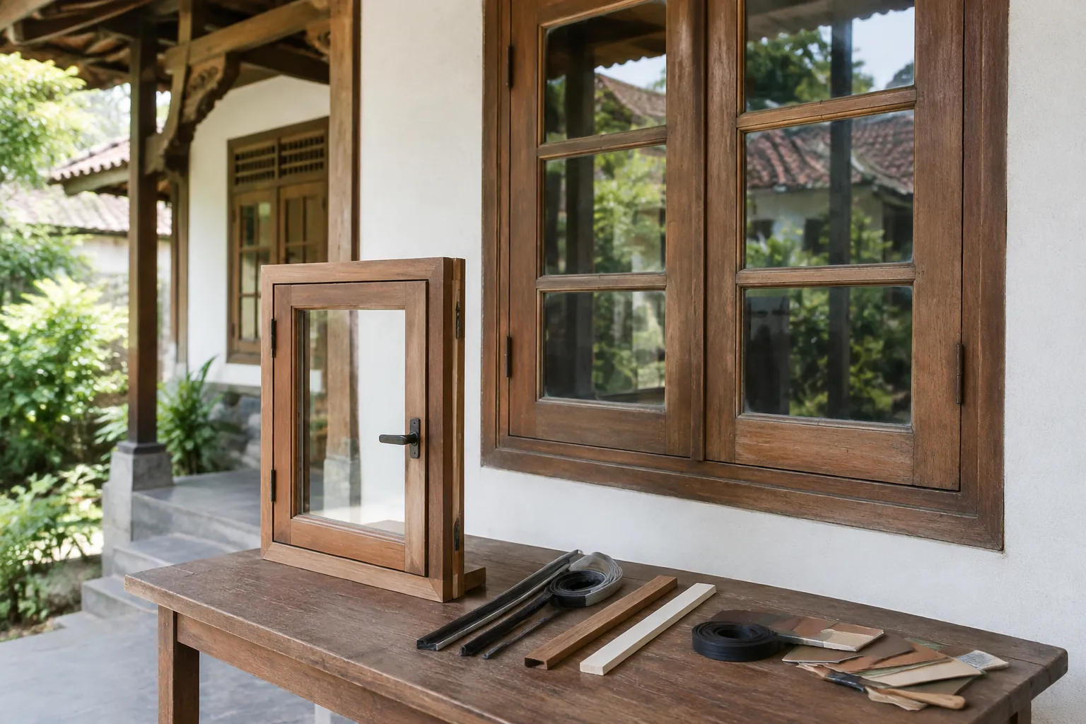 Contoh bingkai jendela kayu di depan rumah tradisional
