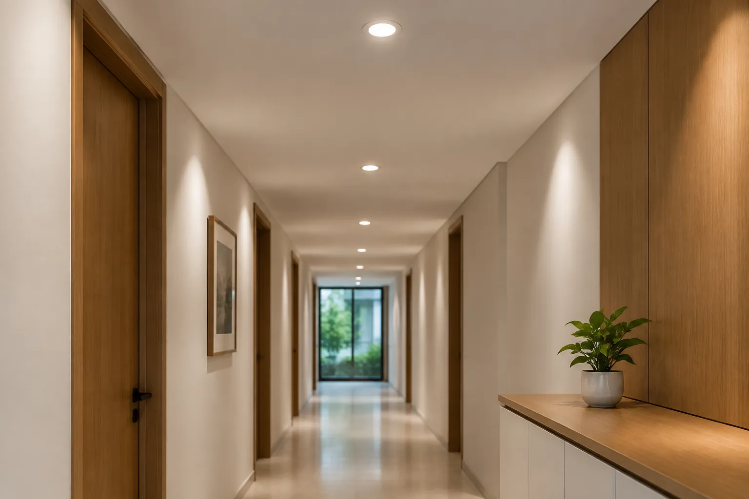 Lorong rumah dengan deretan lampu plafon kecil