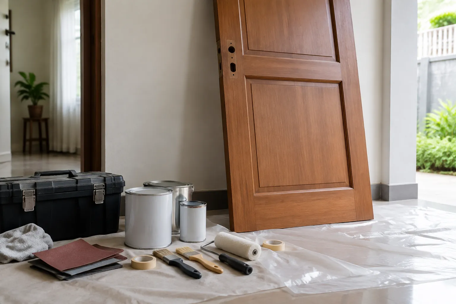 Pintu kayu disiapkan dengan kaleng cat dan alat kerja di lantai