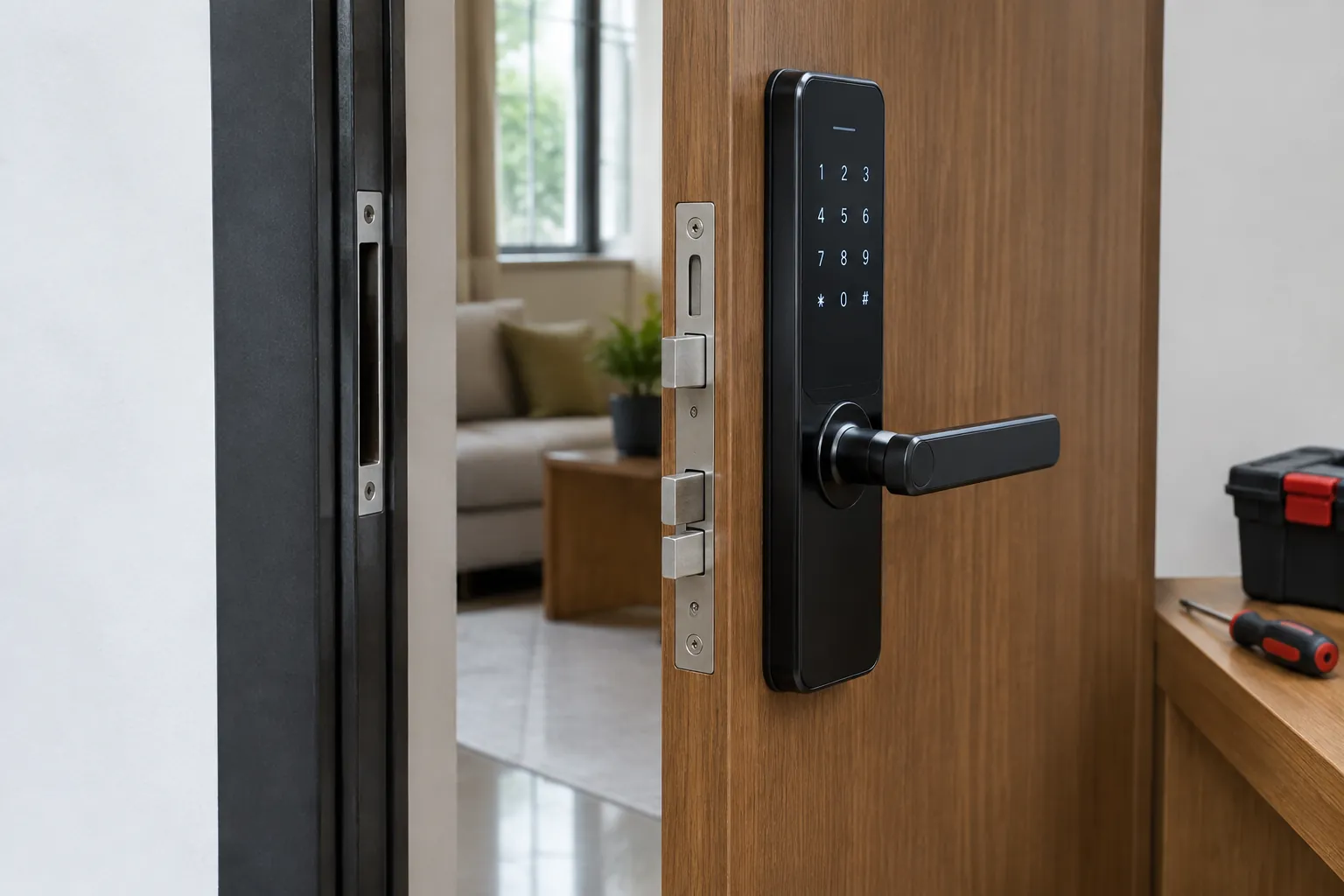 Pintu kayu terbuka memperlihatkan kait mekanis dan kunci digital