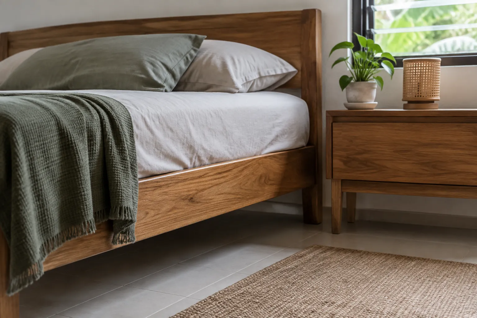 Tempat tidur berbingkai kayu dengan meja samping