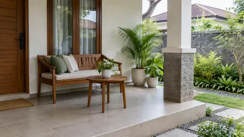 Teras rumah dengan bangku kayu dan tanaman menghadap halaman
