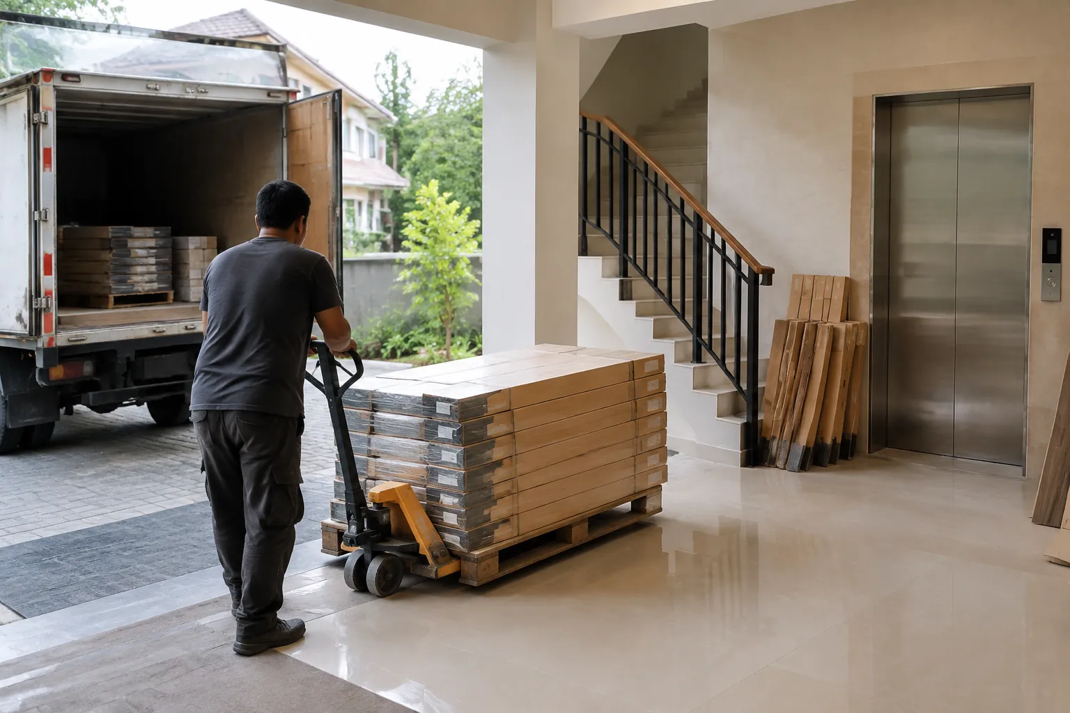 Pekerja memindahkan paket material melalui akses bangunan