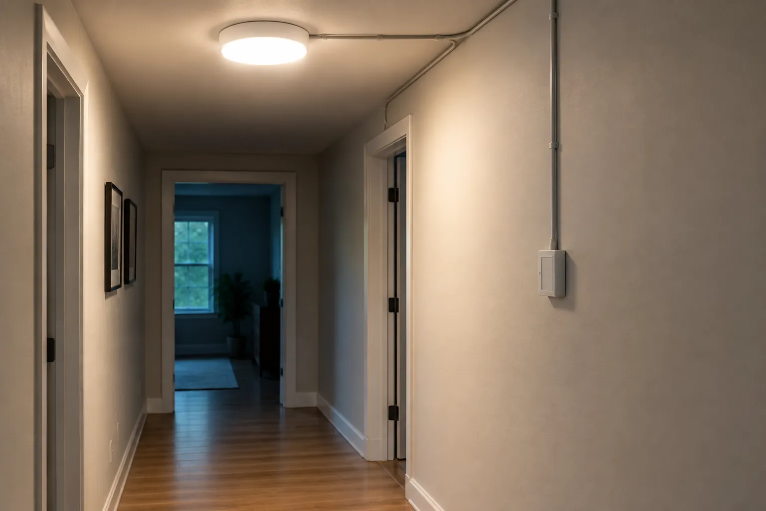 Koridor rumah dengan lampu plafon dan jalur bebas