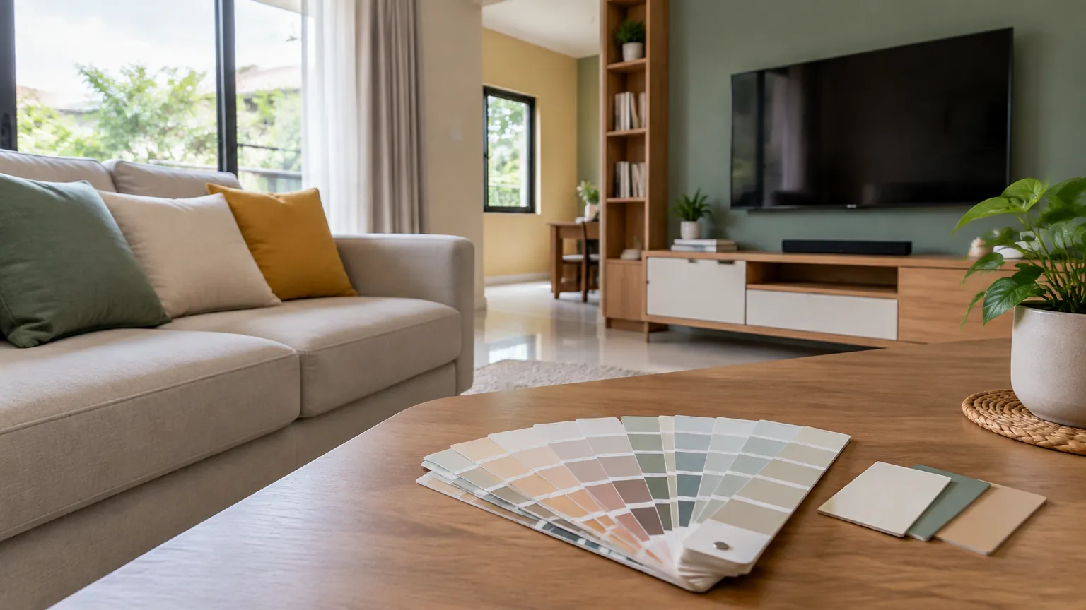Ruang keluarga dengan sofa terang dan sampel warna di meja