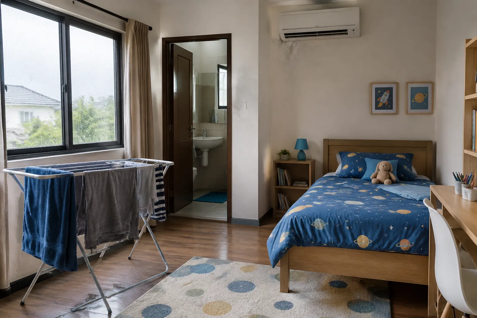 Pakaian dijemur di dalam kamar anak yang berdekatan dengan kamar mandi