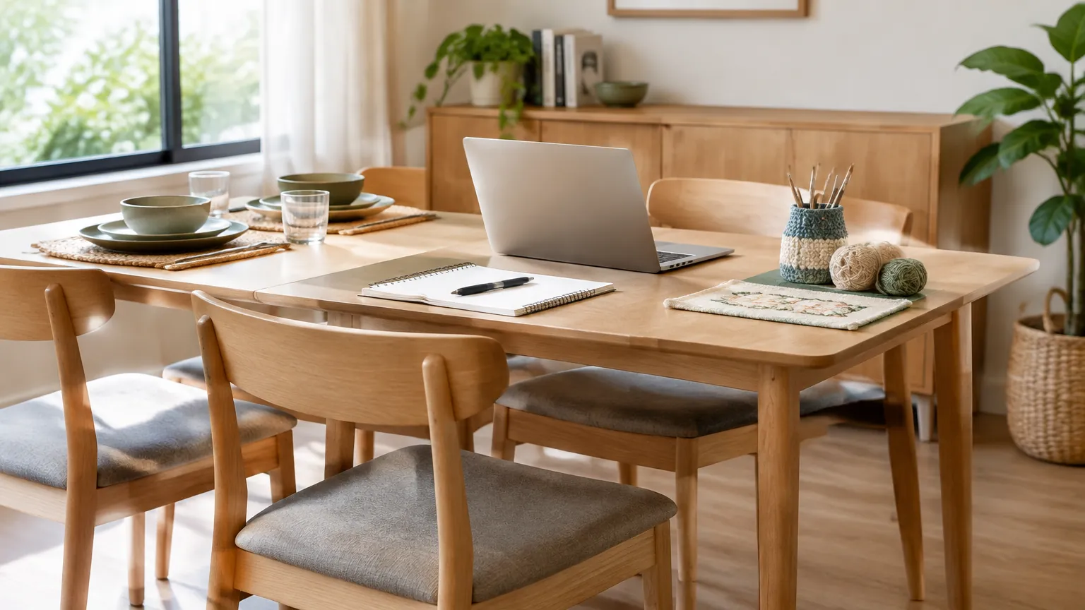 Meja makan dipakai untuk makan dan bekerja dengan laptop