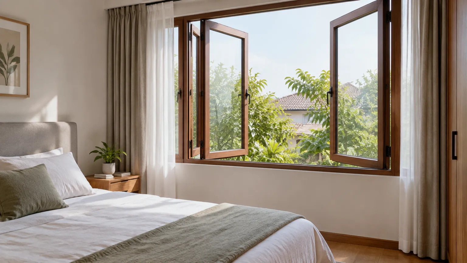 Jendela kayu terbuka di kamar tidur