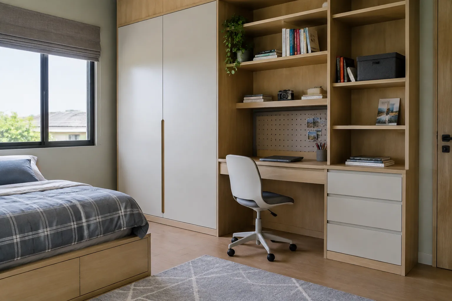 Meja belajar built-in dan kursi di samping tempat tidur
