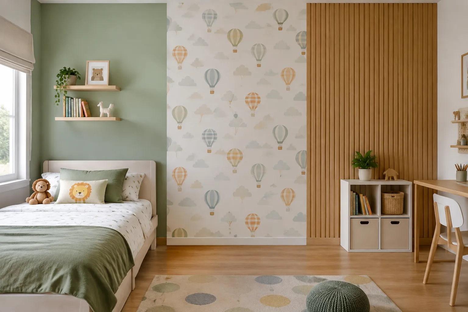 Cat, wallpaper dan panel kayu tampil pada bidang berbeda di kamar anak