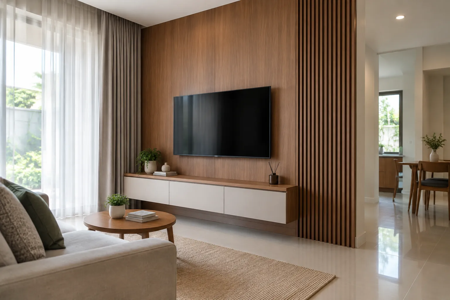 Dinding kayu ruang keluarga di belakang televisi dan kabinet