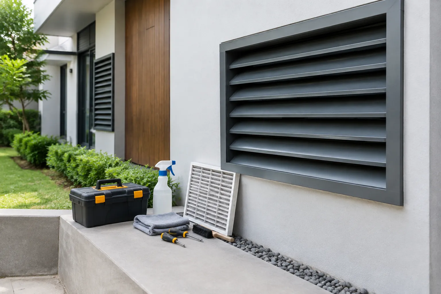 Kisi ventilasi fasad dan perlengkapan pemeriksaan berada di sisi rumah