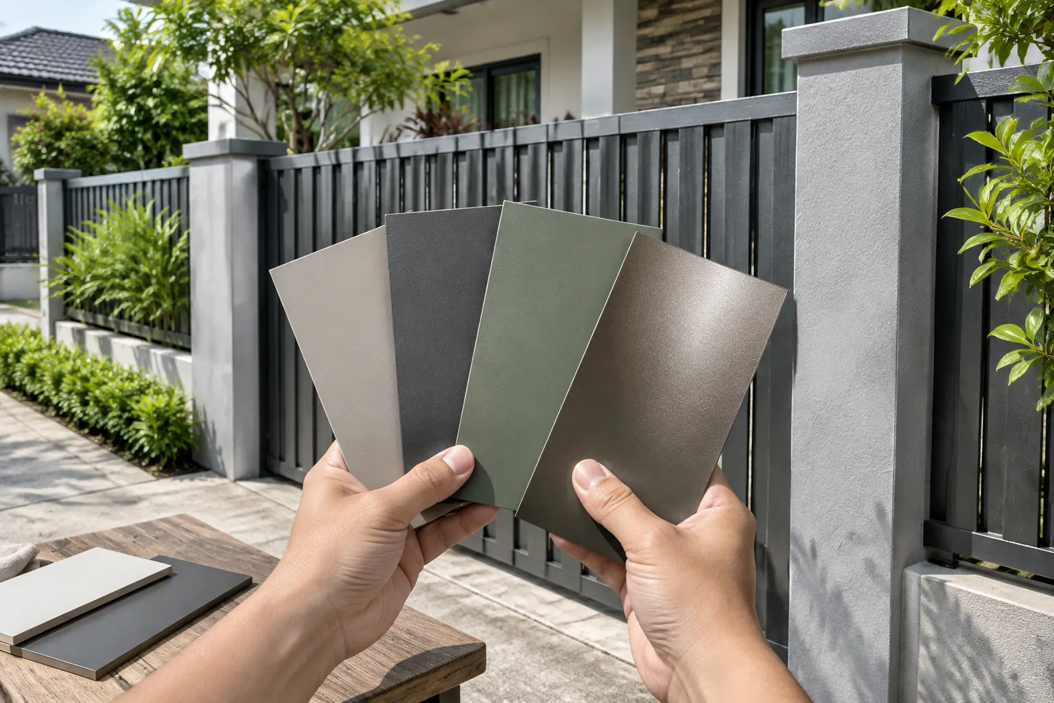 Beberapa sampel warna finishing di depan pagar rumah