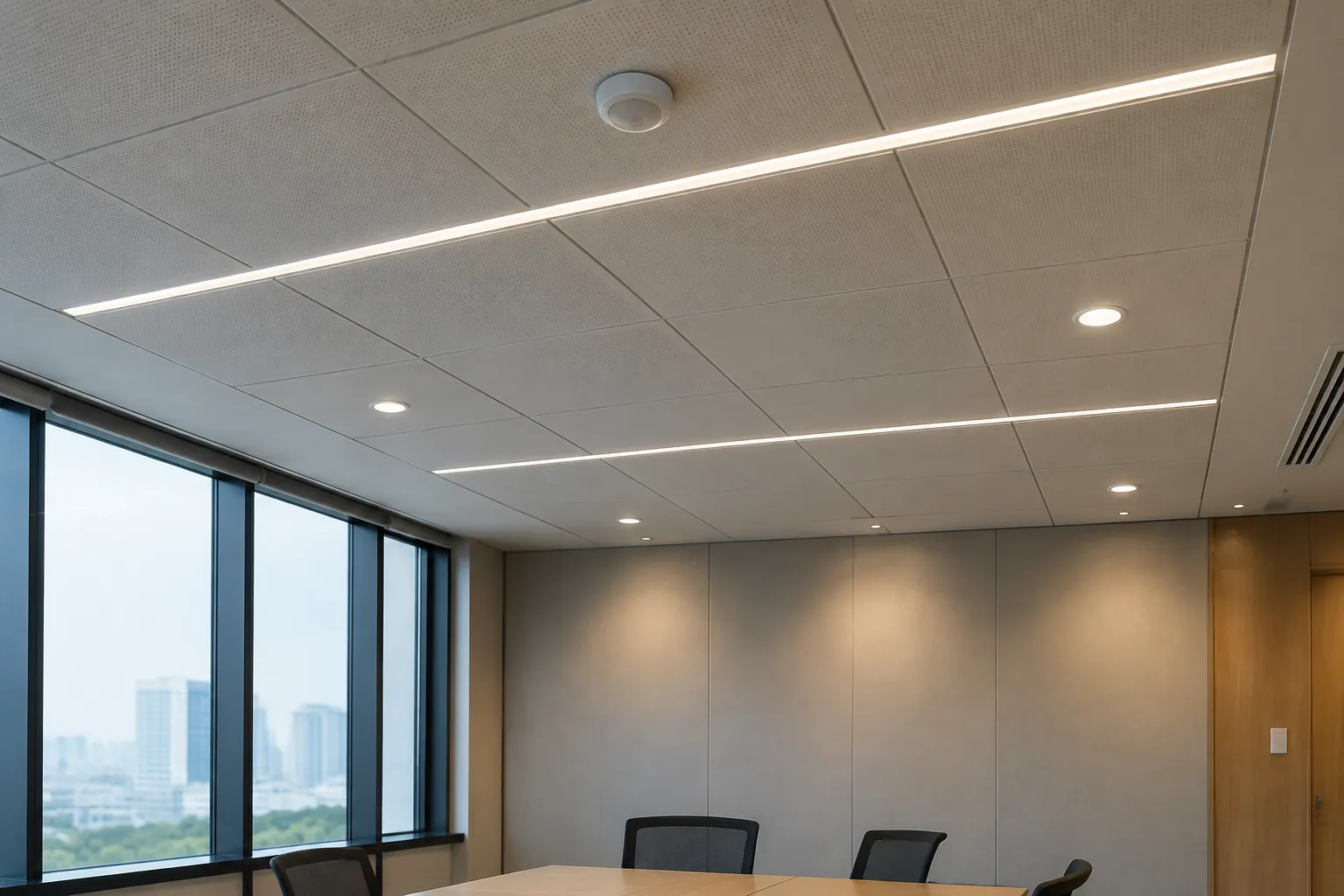 Plafon kantor dengan kisi dan lampu.