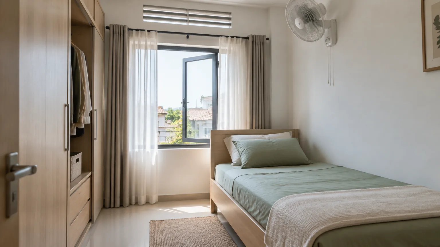 Kamar tidur kecil dengan tempat tidur tunggal di dekat jendela