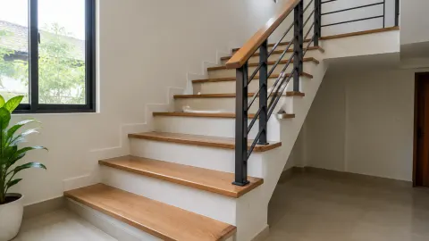 Tangga rumah dengan pijakan kayu dan railing logam
